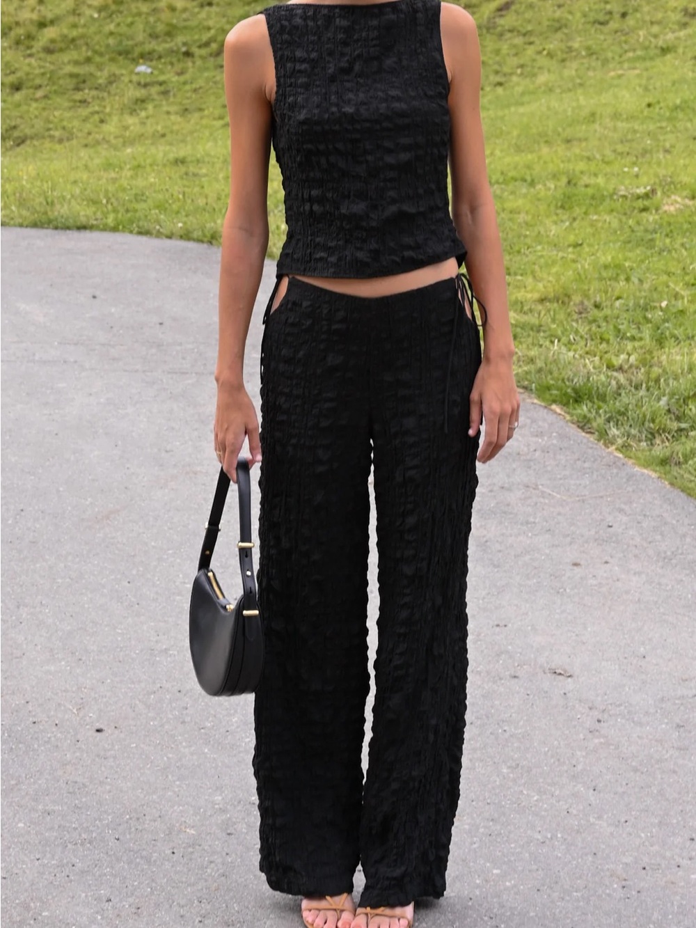 YLLW JAI BUBBLE TIE PANTS  BLACK yellow the label wide leg high rise small